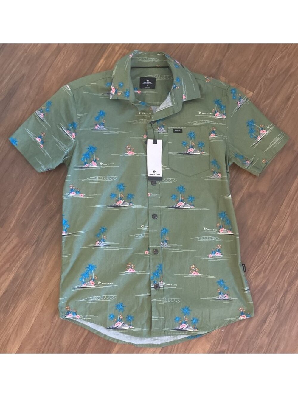 Rip Curl Green Floral Hawaiian Short Sleeve Button Up Shirt Size S Cotton